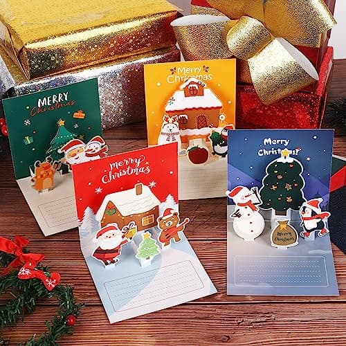 3D Cartes de Noël, 4 Pièces Carte de Vœux Noel avec Enveloppes, 3D Pop Up Christmas Card, Cartes de Joyeux Noël Faite à la Main, Voeux de Vacances Cartes pour la Famille, les Amis et les Enfants