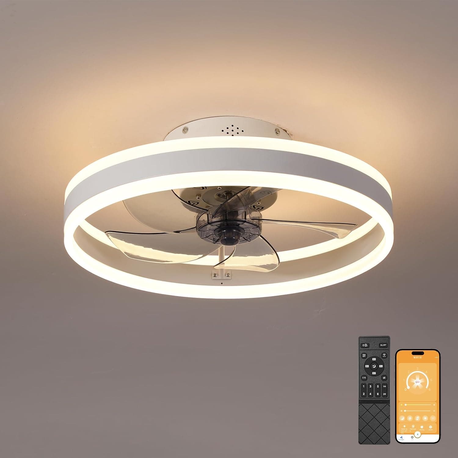Ventilateur de Plafond Silencieux avec Lumiere et Telecommande,Ventilateur Plafond 50 cm, 6 vitesses et vent Réversible,LED dimmable, 3 Températures de Couleur en Option
