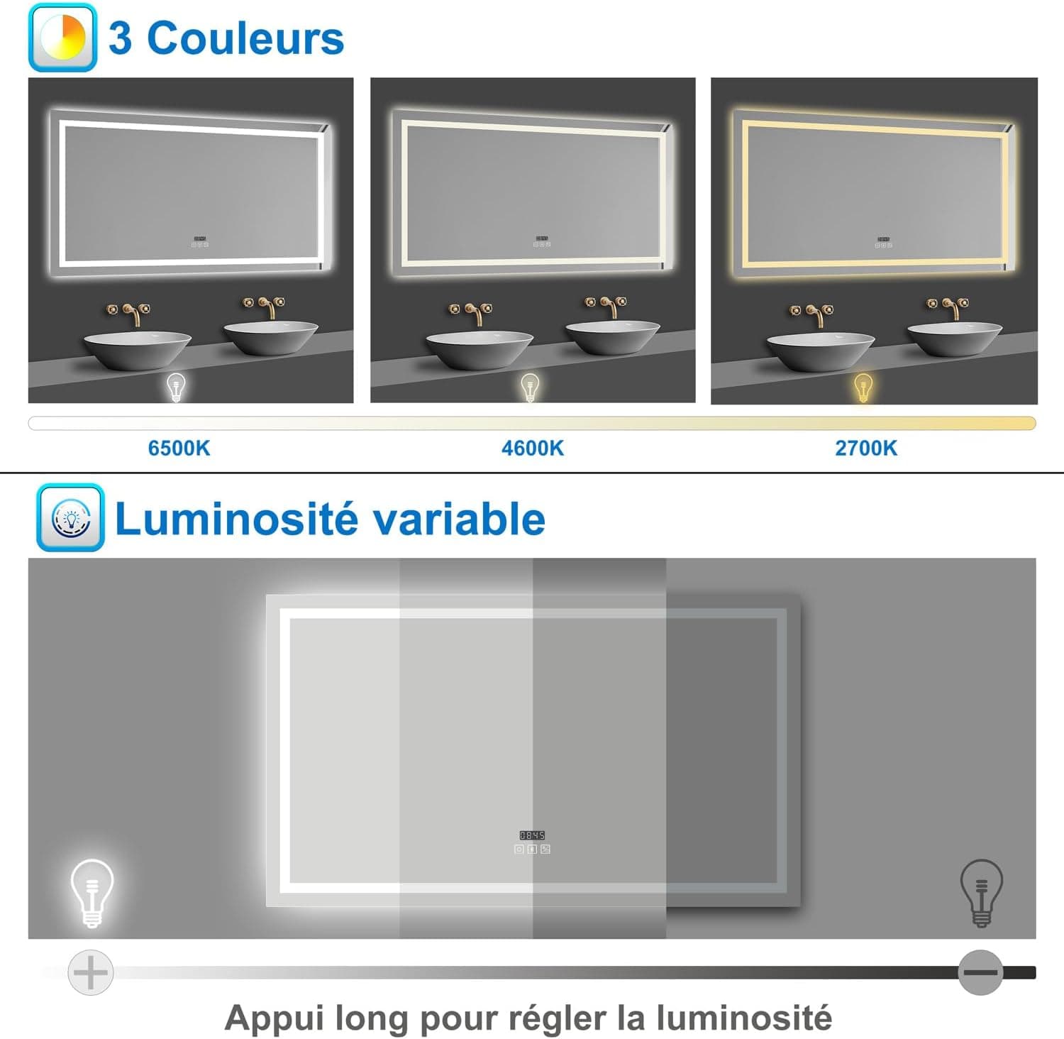 AICA Miroir Salle de Bain avec Éclairage 80 x 60cm,3 Couleurs + Anti-buée | Dimmable + Mémoire,Fixation Horizontale ou Verticale, Miroir Salle de Bain LED