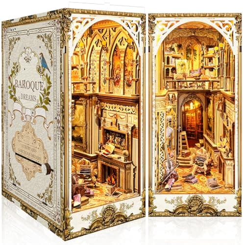 BuzzoXerex DIY Book Nook, Miniatures Nook avec Housse de Protection, Miniatur Haus Selber Bauen avec Lampes LED, Maquette en Bois a Construire avec Meublé (Bibliothèque du Palais)