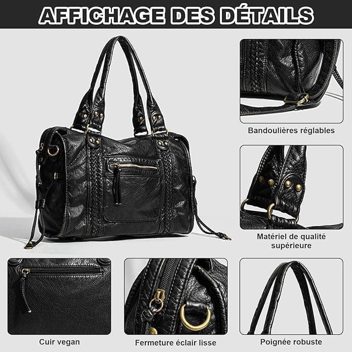 Sac a Main Femme Cuir PU, Sac a Main pour Les Cours Lycee College | Grand City Bag Vintage Noir, avec Bandoulière Réglable, pour École et Travail