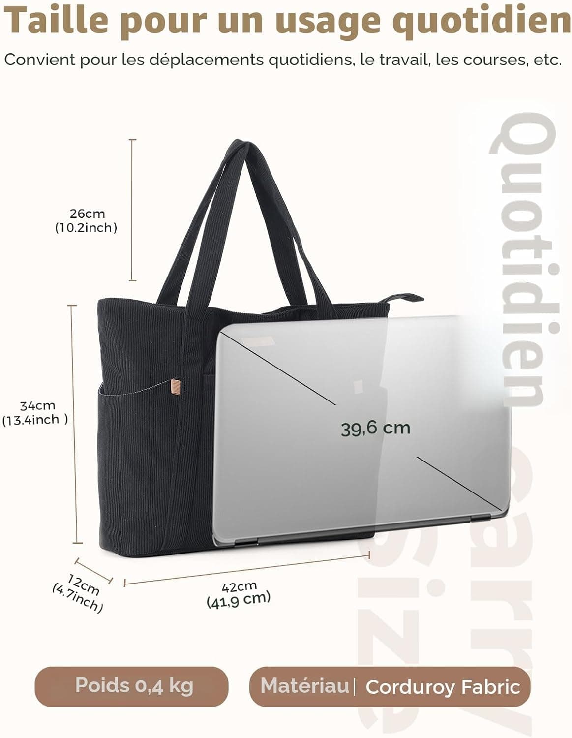 Lekesping Sac Fourre-Tout Femme Grand en Velours Côtelé, Bandouliere Cabas avec Fermeture Éclair et Poches, Léger Sac a Main Ordinateur 17 Pouces pour Voyage Shopping Université et Usage Quotidien