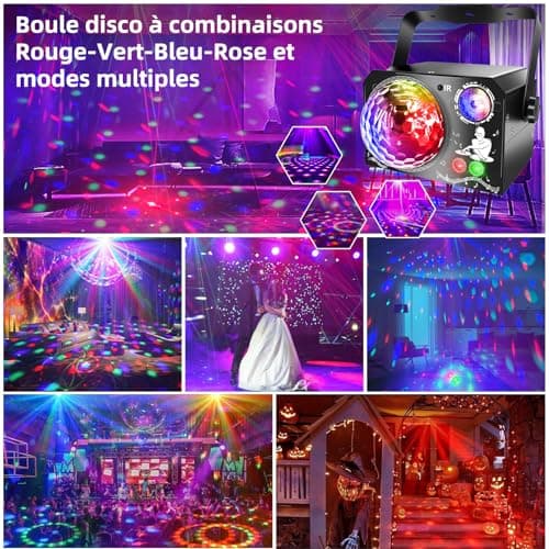 Lampe de Scène 4 en 1, Fwiull Lumière Disco avec Télécommande et Stroboscope, 65 Effets Lumineux RGB UV, USB Lumineux Boule Disco Musique Commande Vocale, Idéal Lumiere pour Soirée, Fête, Karaoké,Noël