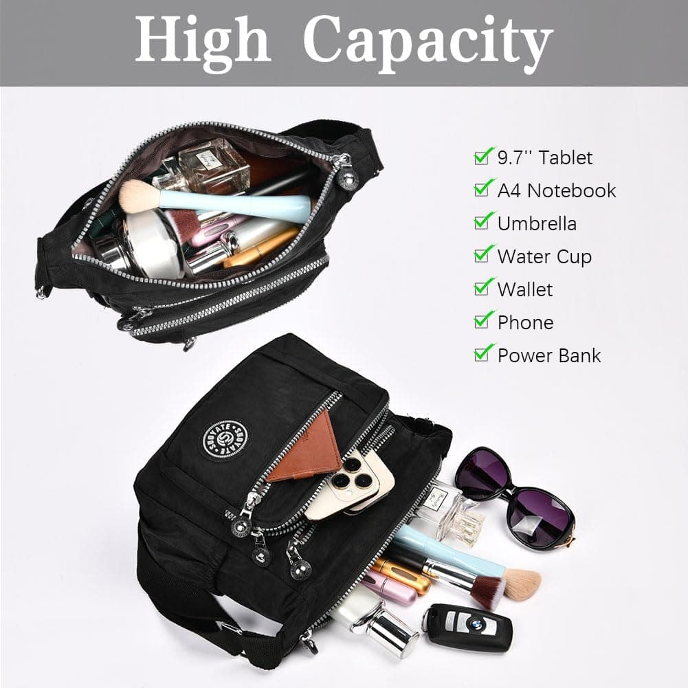 Aucuu Sac Bandouliere Femme, Sac à Main en Nylon, Multi-Poches Bandoulière Impermeable, Sacs à Bandoulières Multifonctionnel avec Bandoulières Réglable, Sacs Besace Loisir pour Voyage