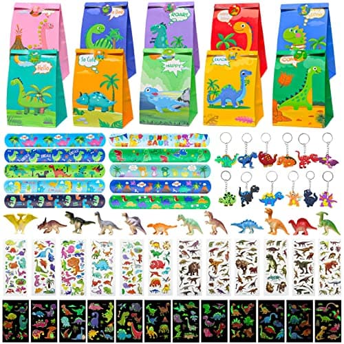 Liangding Dinosaure Party Jouet Anniversaire, 68 Pièces Pinata Dinosaure Cadeau avec Dinosaure Sacs Cadeaux Bracelets à Claquer Porte-clés et Tatouage Dinosaure Autocollants pour Enfants Faveurs Fête