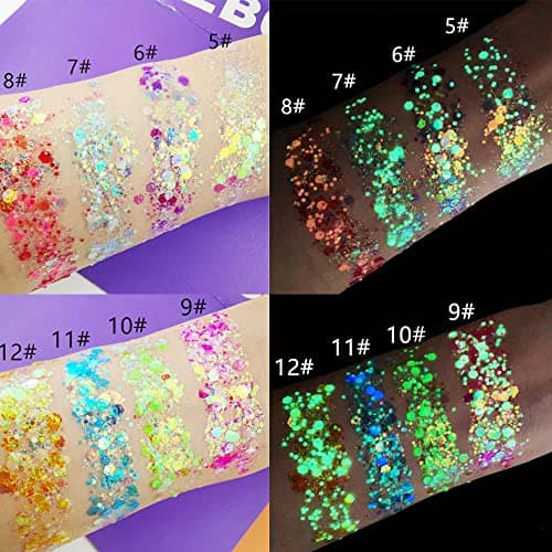 KUIRUNRX® Lumineuse Paillettes Gel,12 Couleurs Maquillage Paillettes Glitter,Holographique Paillettes Set,Paillettes de Corps,Fluorescent Paillette pour Visage,Corps, Cheveux,Mascarade,Halloween,Fête