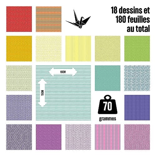 Craft Sensations Papier Origami Couleur 15 x 15 cm – 180 Feuilles d'Origami avec 9 Designs Différents Kit de Bricolage Enfant - Avec Instructions