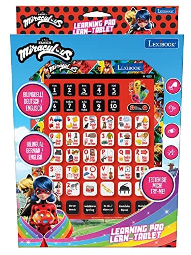 LEXIBOOK, Miraculous Ladybug Cat Noir Tablette éducative Interactive bilingue Jouet pour Apprendre Les Lettres de l'alphabet Chiffres Mots orthographe et Musique Anglais/Allemand Rouge JCPAD002MIi3