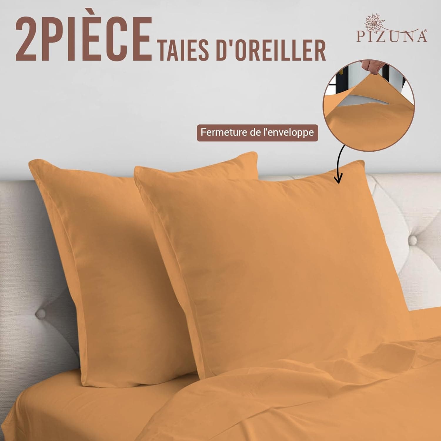 Pizuna Coton Set de 2 Taies d'oreiller 65x65 cm Abricot Orange 400 Fils | 100% Coton Longue Tige Armure Satin Taies d'oreiller 65x65 avec Rabat de 20cm