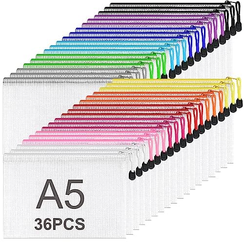 ASelected 36PCS Pochette Zippée A5, 12 Couleurs Pochette Plastique Zippée, A5 Pochette Zip à Fermeture Éclair PVC Mesh de Rangement Fichiers Pour Stockage Document Recettes D'Entreprises Organisation