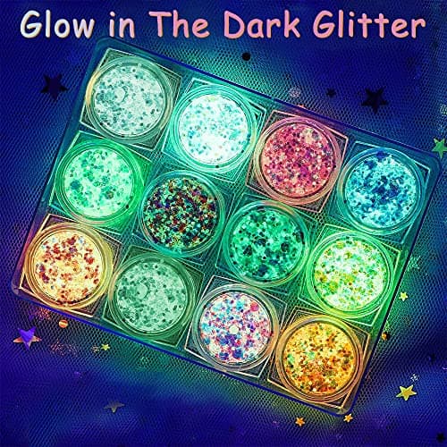 KUIRUNRX® Lumineuse Paillettes Gel,12 Couleurs Maquillage Paillettes Glitter,Holographique Paillettes Set,Paillettes de Corps,Fluorescent Paillette pour Visage,Corps, Cheveux,Mascarade,Halloween,Fête