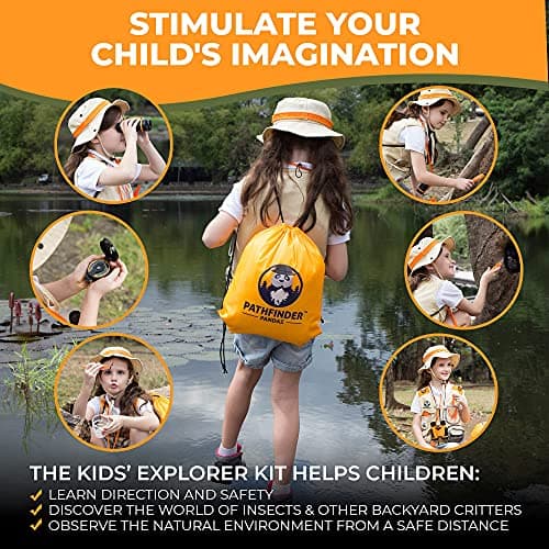 Kit Exploration Enfant avec Gilet Safari et Chapeau, Jumelles Enfant, Boussole Enfant, Loupe Enfant, Boite Loupe Insecte - Cadeau pour Les Garçons et Les Filles âgés de 3 à 12 Ans (Orange, 3-7)