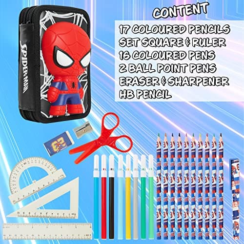 Marvel Trousse Scolaire Garcon, Trousse Compartiments Garnie Fourniture Scolaire, Feutre, Crayon de Couleur, Cadeau Spiderman Avengers Rentrée Scolaire Primaire (3D Spiderman)