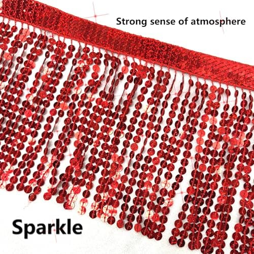OHYER 3 mètres de long (x 16cm de large) Ruban à franges Paillettes pour costume Franges Garniture Dentelle Jupes paillettes or Jupes de Franges Danse du Ventre à Franges Accessoires rouge BRICOLAGE
