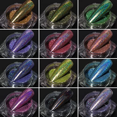 MKNZOME 12 BoîTe Poudre Chrome Ongle, Poudre Holographique Ongle Effet Miroir, Caméléon Poudre Pigment Pour Manucure Pou La DéCoration D'Art Ongle, Festival Visage Corps, Paillette Ongles Nail Art