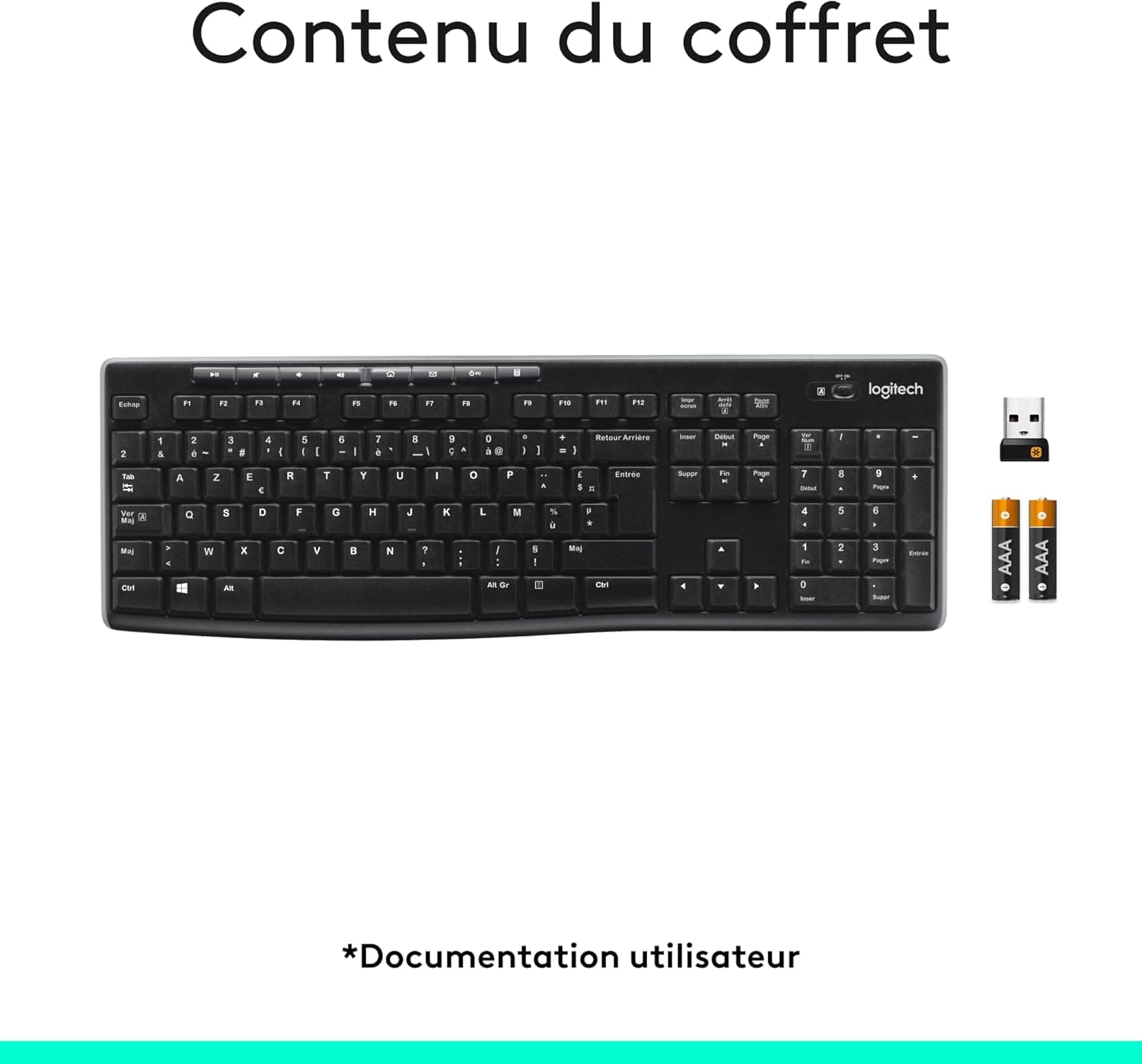Logitech K270 Clavier Sans Fil pour Windows | Clavier sans fil 2.4 GHz, Taille Standard, Pavé Numérique, 8 Touches Multimédia, PC/Portable, AZERTY - Noir
