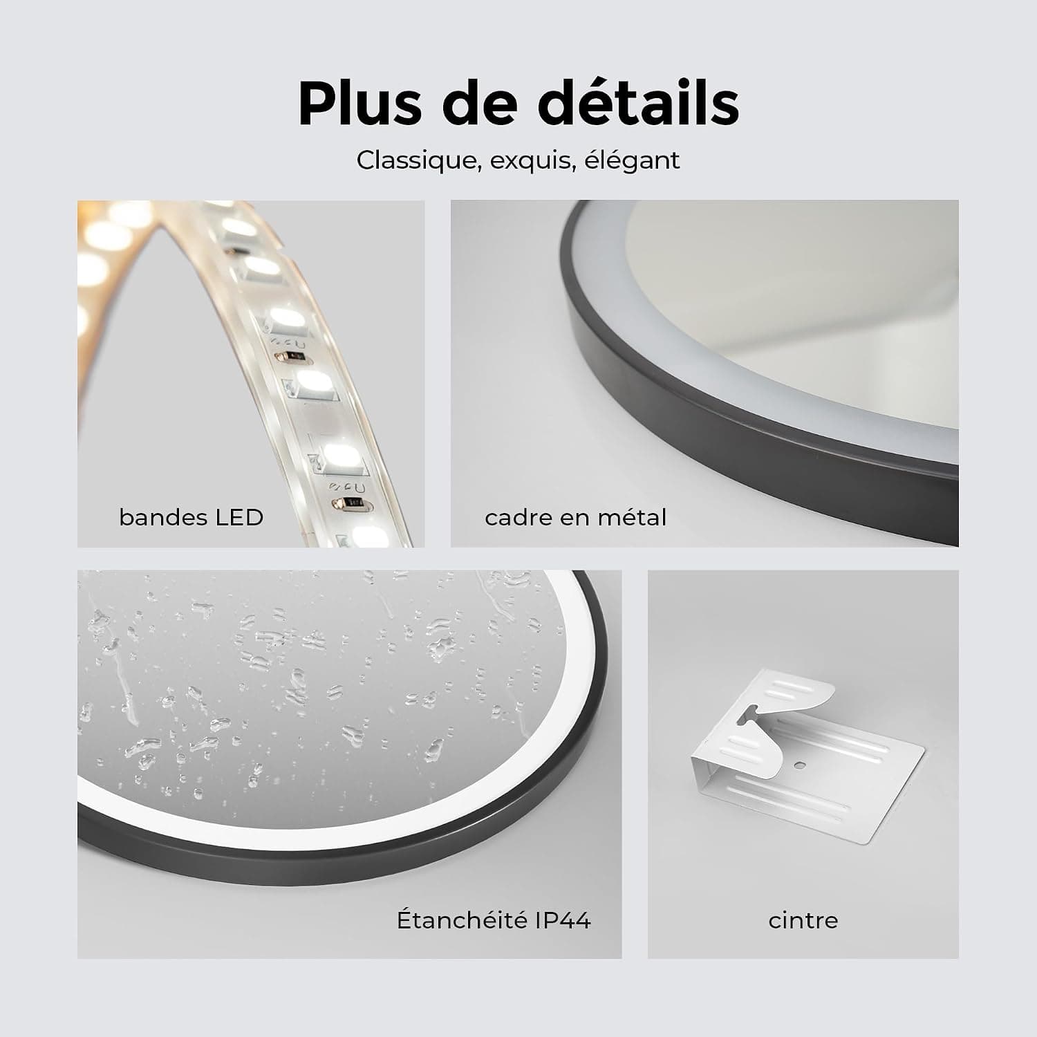 Heilmetz Miroir Salle de Bain Rond avec Éclairage 70cm, Miroir LED Salle de Bain avec Cadre Noir, Dimmable, 3 Couleurs Lumineux, Commande Tactile
