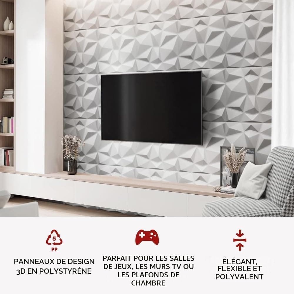 Eurodeco Panneaux 3D 50cm x 50cm polystyrène XPS PSE, panneaux muraux & panneaux de plafond, décors modèle diamant 2m2 - 8 pièces