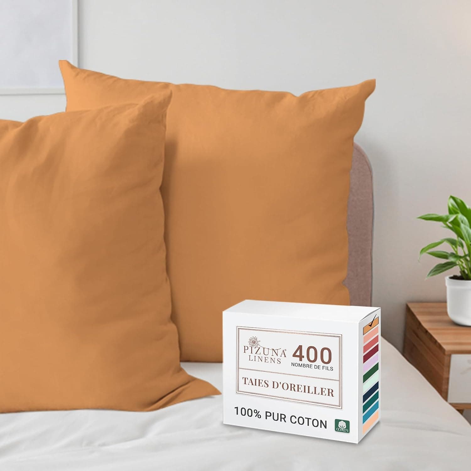 Pizuna Coton Set de 2 Taies d'oreiller 65x65 cm Abricot Orange 400 Fils | 100% Coton Longue Tige Armure Satin Taies d'oreiller 65x65 avec Rabat de 20cm