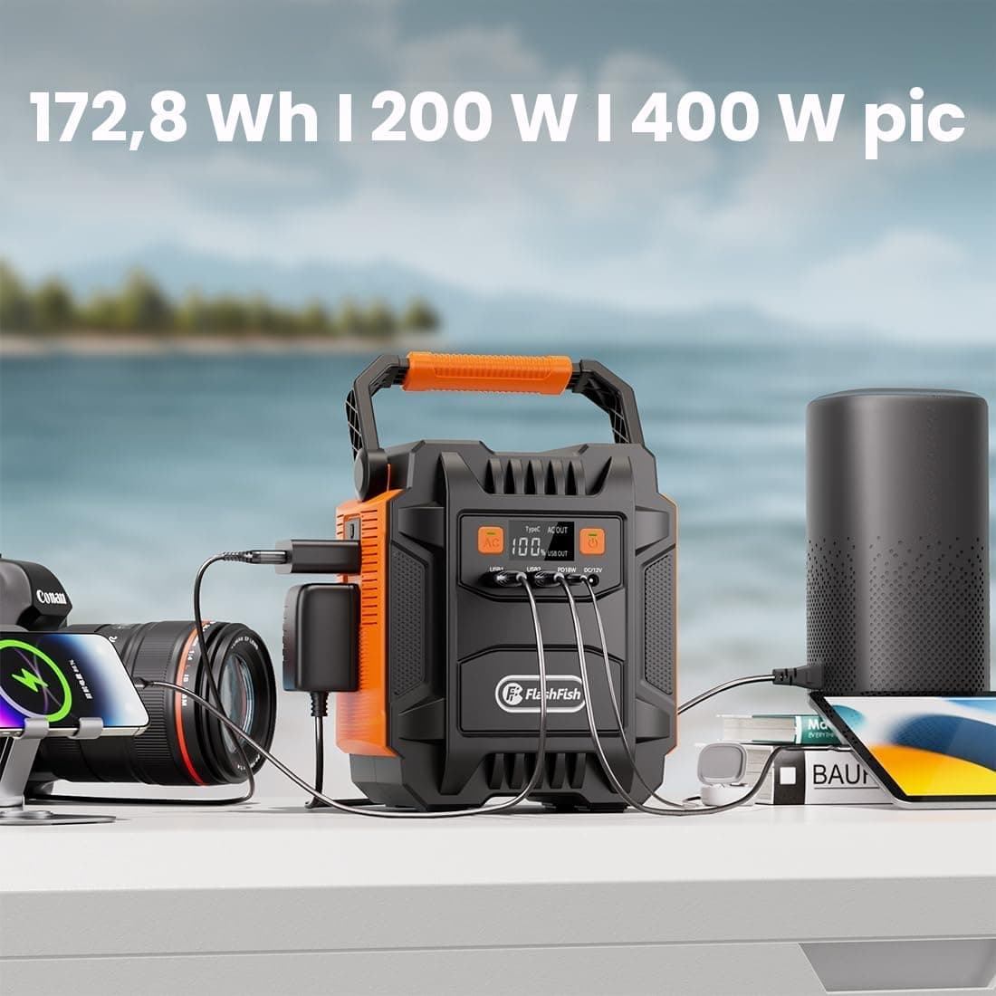 FlashFish Station d'alimentation portable 172,8 Wh avec panneau solaire 100 W