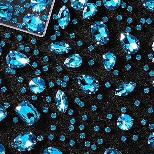 156 Pièces Strass en Verre de Couture Transparent Strass à Dos Plat Serti Griffes Métalliques Strass Cristal de Griffe à Coudre de Formes Mixtes pour Artisanat (Lac Bleu)
