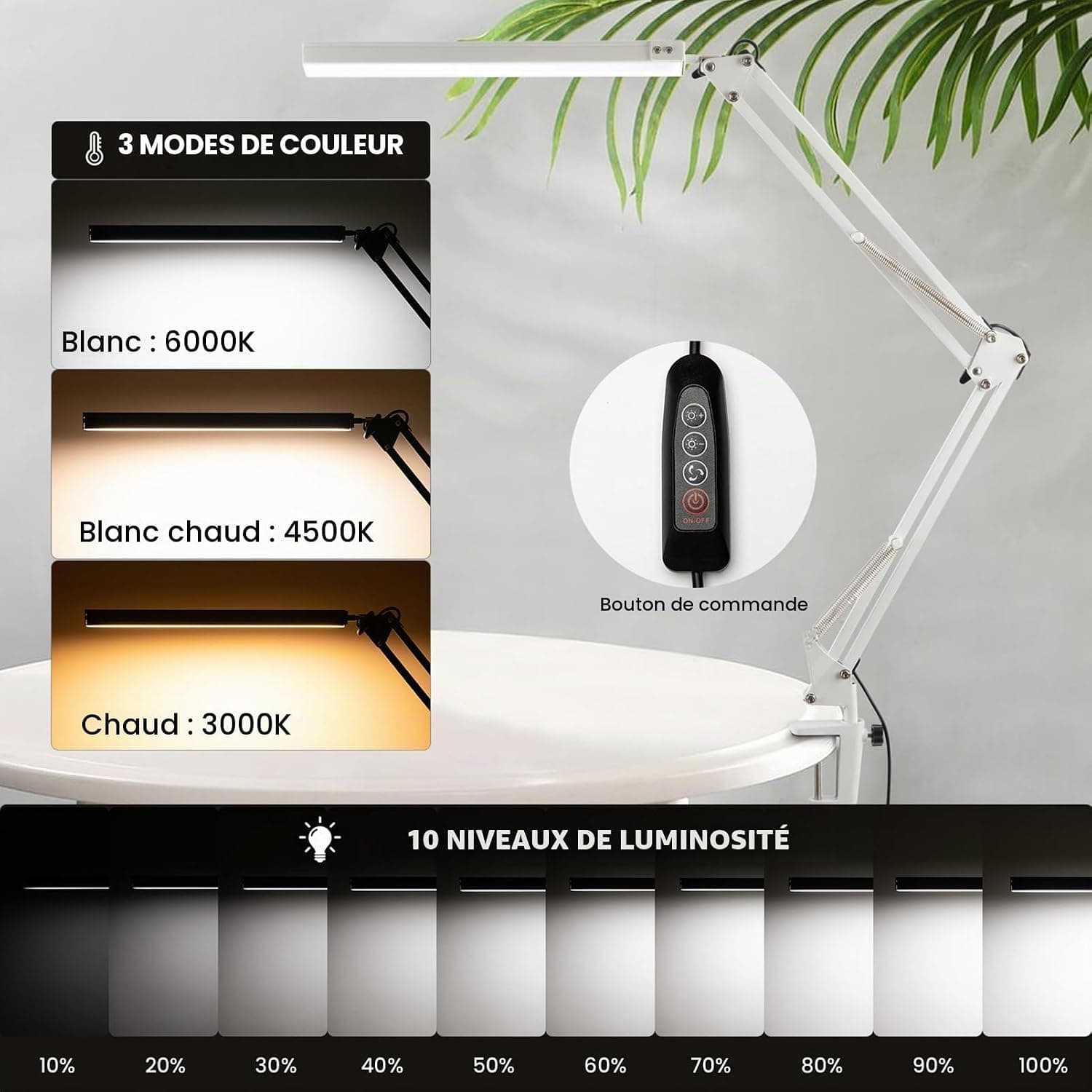 BIENSER Lampe de Bureau LED, 1100LM Lampe de Table avec Pince, 10 Niveaux de Luminosité X 3 Modes Réglables, Protection des Yeux, Fonction Mémoire, Lampe de Architecte pour Bureau, Lecture, Étude