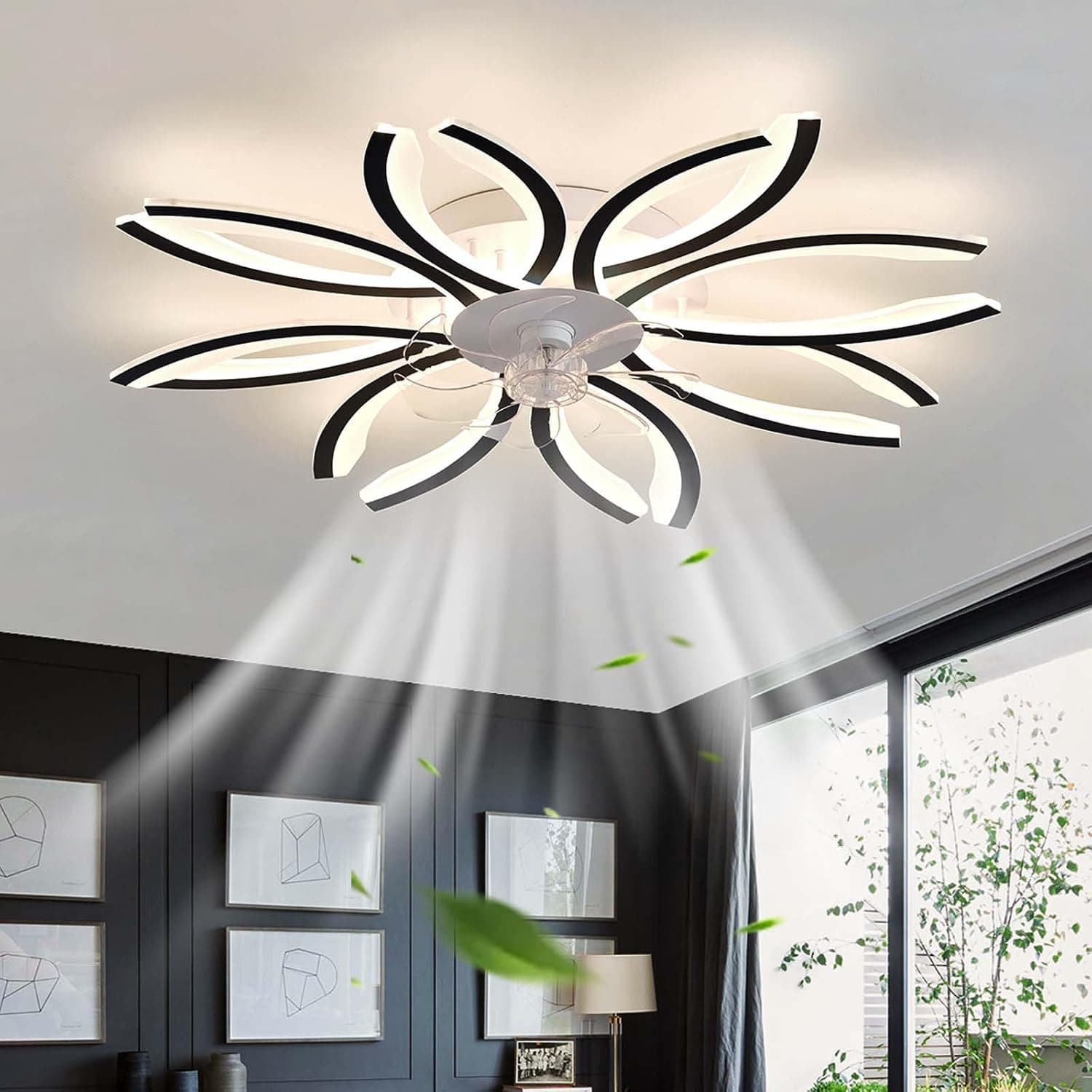 Grand Ventilateur de Plafond Avec Lumière Dimmable, Chambre Silencieux Avec Lumiere Et Telecommande APP, Réversible 6 Vitesses Lustre Timer