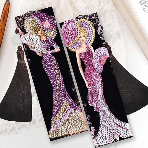 DCIDBEI Diy Diamond Painting Signets, Marque-page Lot 2 kit de Broderie Diamant,Diamond Art Surprise Tableau Kit Diamant Cadeau pour Anniversaire Noël(Femme Dame en Robe Violet et Rose)