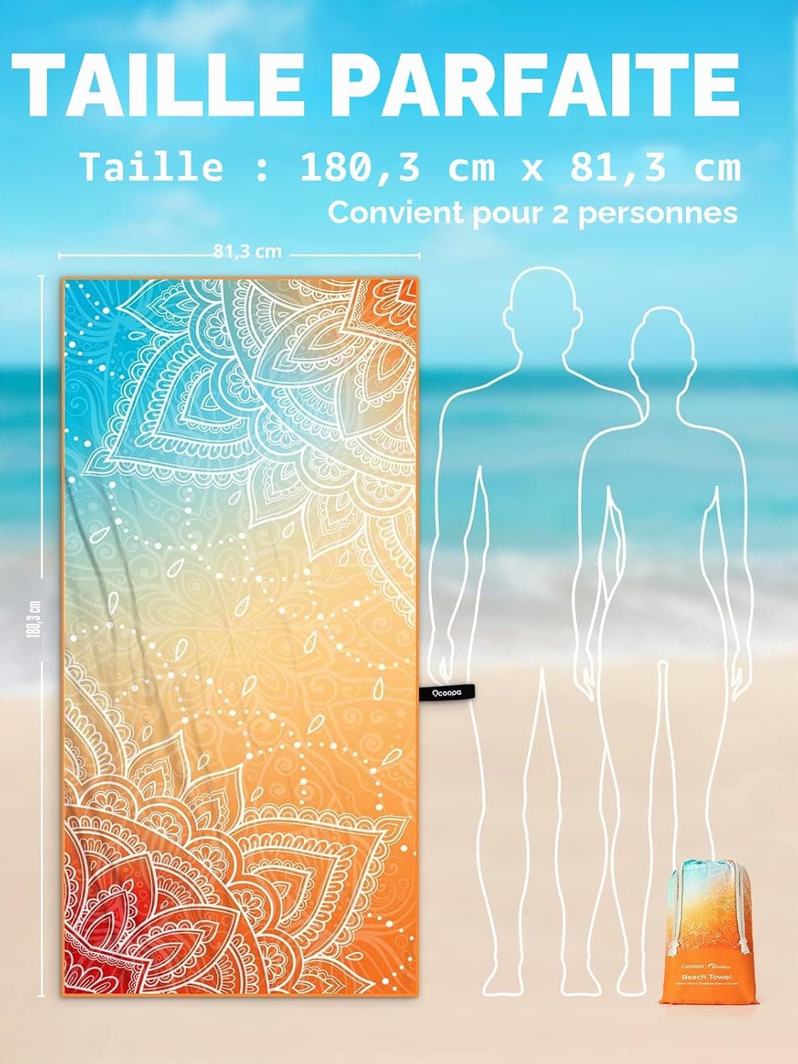 OCOOPA Serviette de Plage en Microfibre Ultralégère, Séchage Rapide, Couverture de Plage Absorbante, Serviette de Bain Douce et Facile à Entretenir pour Le Fitness, Voyages, Plage, Natation, 178x80cm