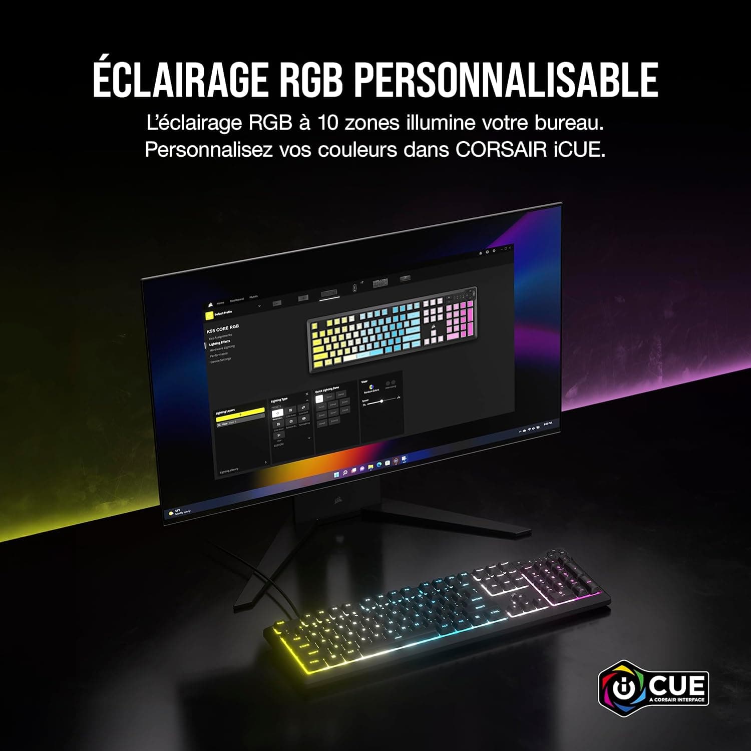 Corsair K55 Core RGB Clavier de Jeu Filaire à Membrane (AZERTY FR) – Noir | Commutateurs Réactifs, Résistance Aux éclaboussures, Ten-Zone RGB, Touches Multimédia, Compatible iCUE, PC, Mac
