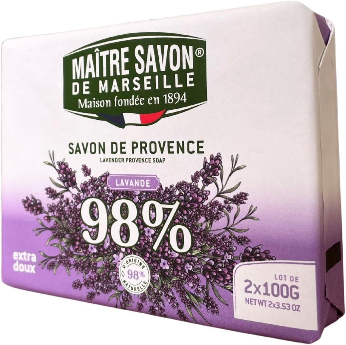 Maître Savon de Marseille - Savon de Provence Lavande – Extra Doux – 2x100g – 99% Ingrédients Naturels – Corps & Mains