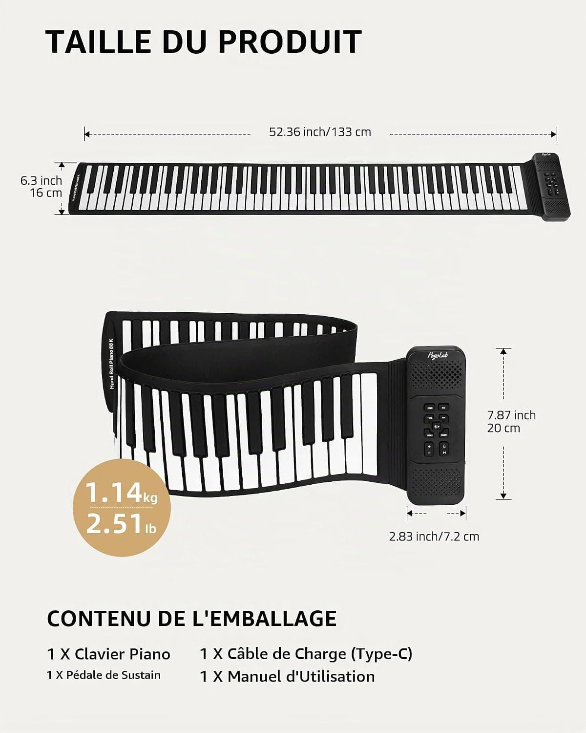 POGOLAB Clavier Piano 88 Touches Enroulable - Souple Avec 14 Démos/128 Rythmes/128 Tonalités, Pliable Portable Avec Pédale, Bluetooth, Numérique Pour Débutants