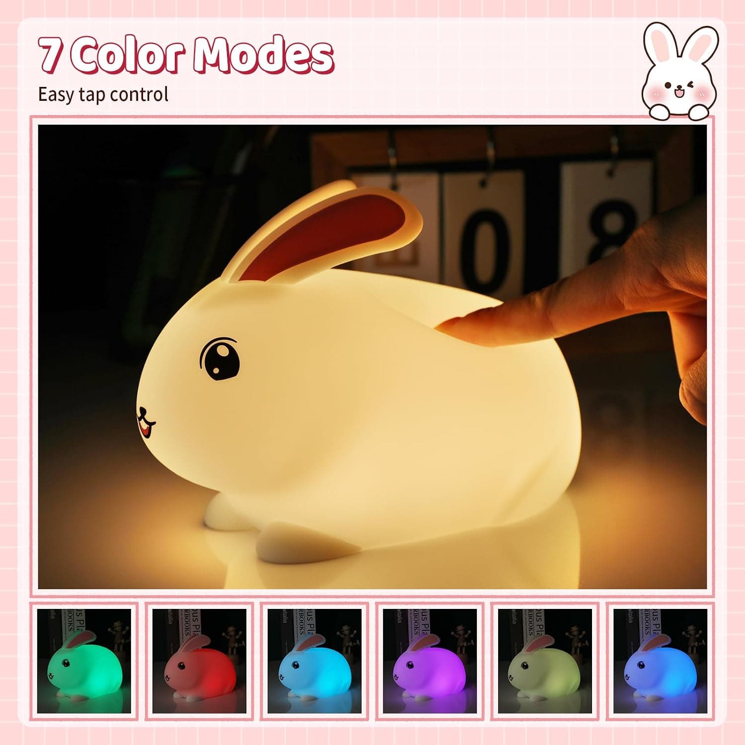 Veilleuse Lapin pour Enfants, 7 Couleurs Veilleuse Bébé