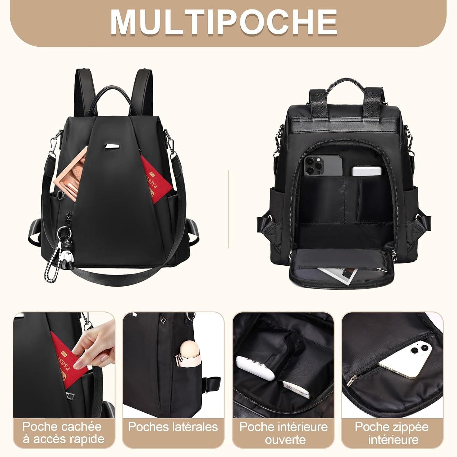 Eshow Sac à Dos Femme Antivol, Sacs à Main Portés Dos Femme, Petit Sac Bandoulière Fort Backpack Loisirs Casual Léger pour Voyage L'école Travail Université Collège Shopping Noir