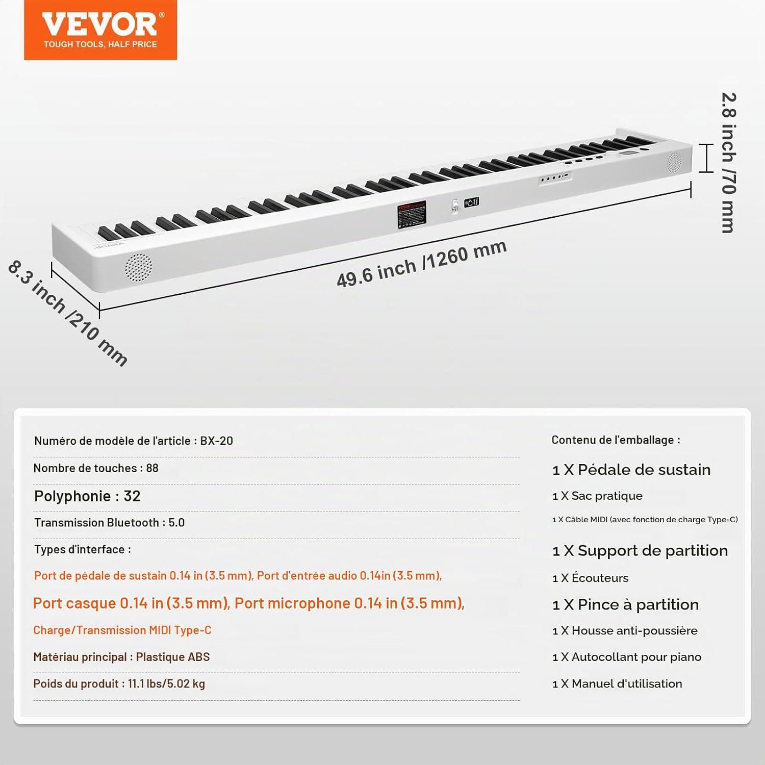 VEVOR Clavier Piano Pliable 88 Touches, Bluetooth et MIDI, Piano Électronique Numérique Portable avec Pédale de Sustain, Touches Lumineuses, Rechargeable pour Débutants, Adolescents, Adultes, Noir