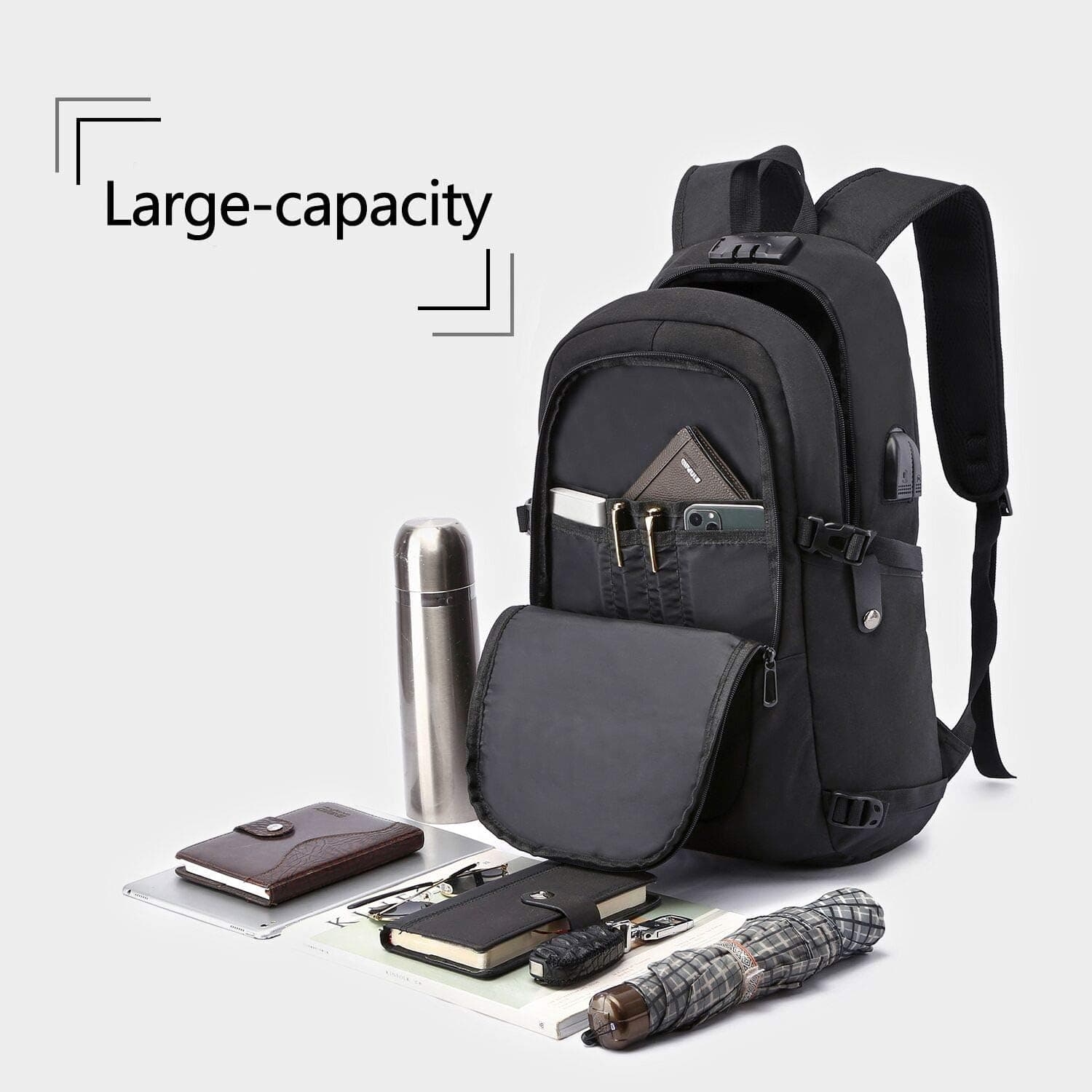 Antivol Sac à Dos Ordinateur Portable 15.6 Pouces Homme Imperméable avec USB Charging Port Sac à Dos D'affaires Sac a Dos PC Portable pour Loisirs/Affaire/Scolaire Noir