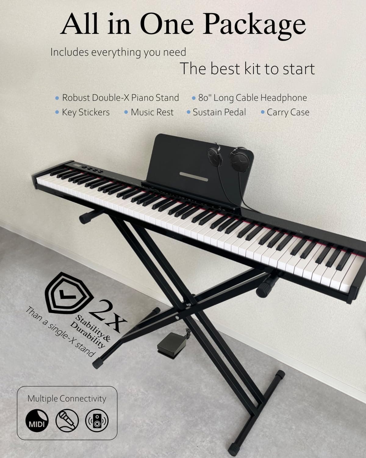 【Pack complet avec support】Longeye Piano Numérique 88 Touches Clavier Électrique Semi-Lesté Compact et Portable pour Débutants, Sac de Transport, Pupitre, Pédale de Sustain,Noir (Slim-88)