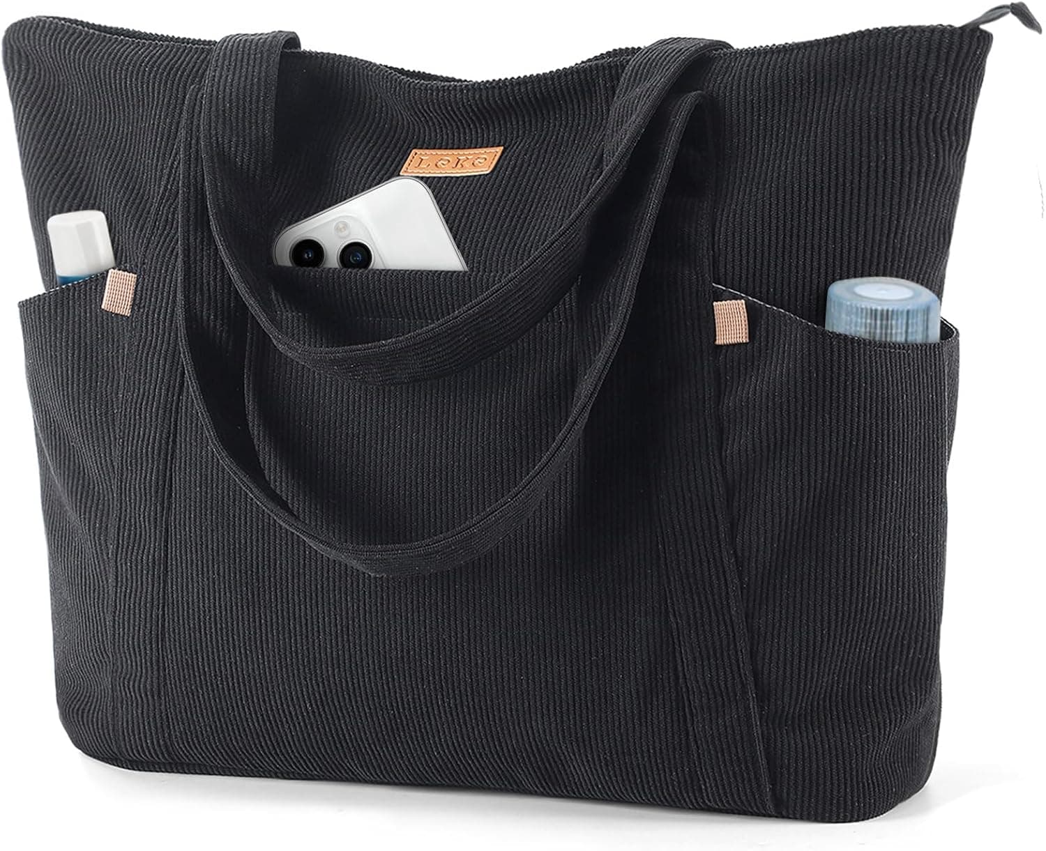Lekesping Sac Fourre-Tout Femme Grand en Velours Côtelé, Bandouliere Cabas avec Fermeture Éclair et Poches, Léger Sac a Main Ordinateur 17 Pouces pour Voyage Shopping Université et Usage Quotidien