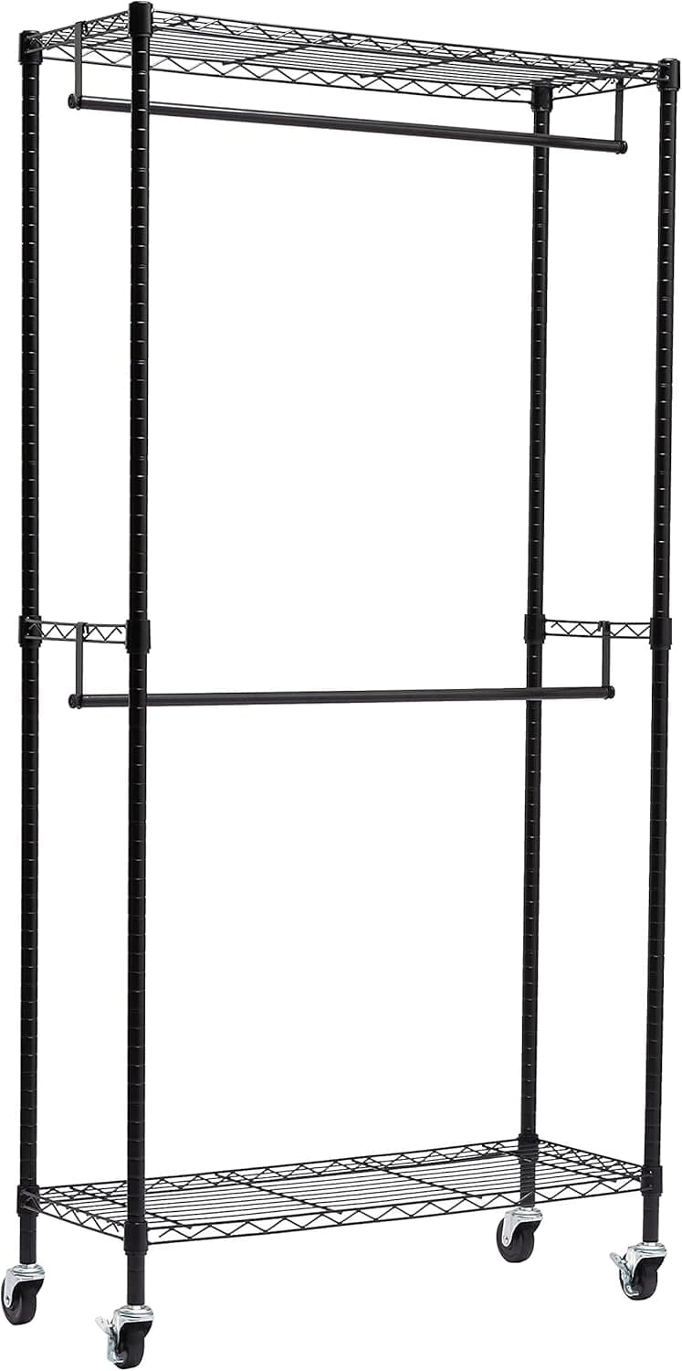 Amazon Basics Portant à double tringle avec roulettes Noir, L 91 cm x l 35,5 cm x H 183 cm