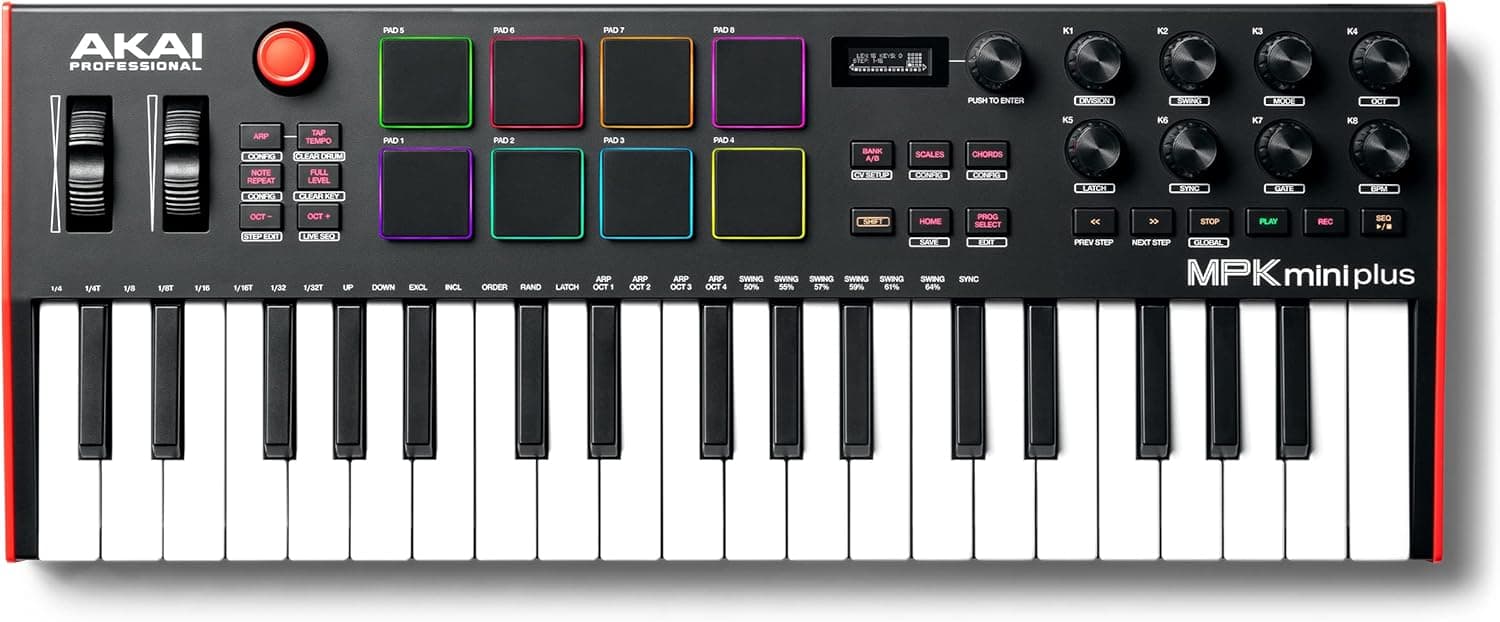 Akai Professional MPK Mini Plus Clavier MIDI USB 37 Touches | Touches Mini Sensibles à la Vélocité, 8 Pads MPC, Séquenceur 64 Pas, E/S MIDI/CV/Gate, Logiciels Inclus, pour Beatmakers