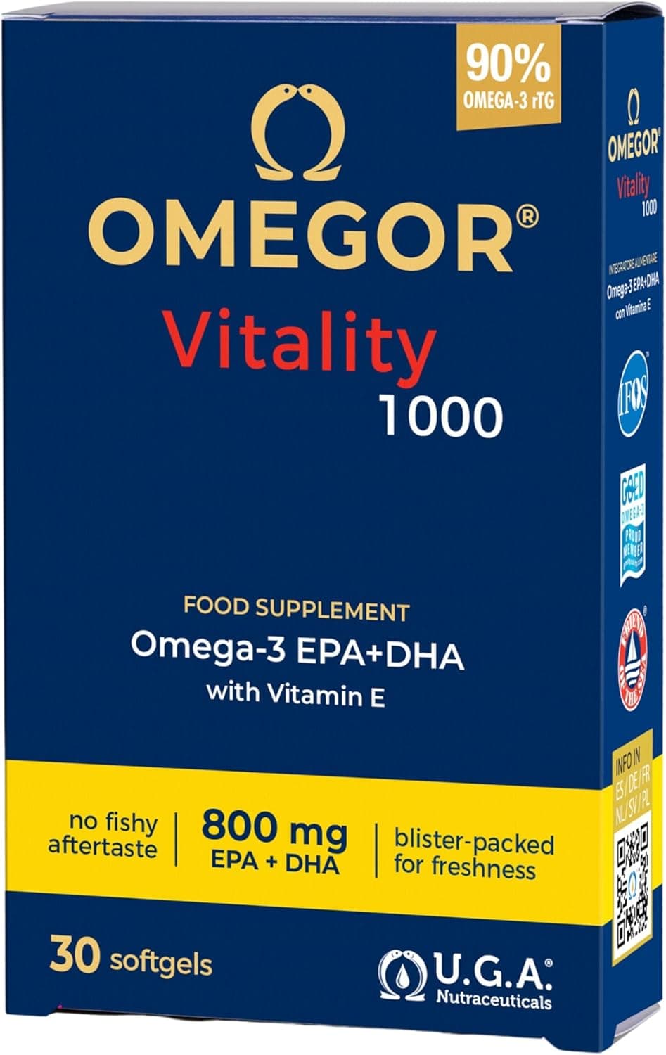 Omegor Vitality 1000 - Supplément alimentaire avec 90% des oméga 3 sous forme de triglycérides - avec de la vitamine E - pour le cœur, la vision et le cerveau en santé - 30 gélules