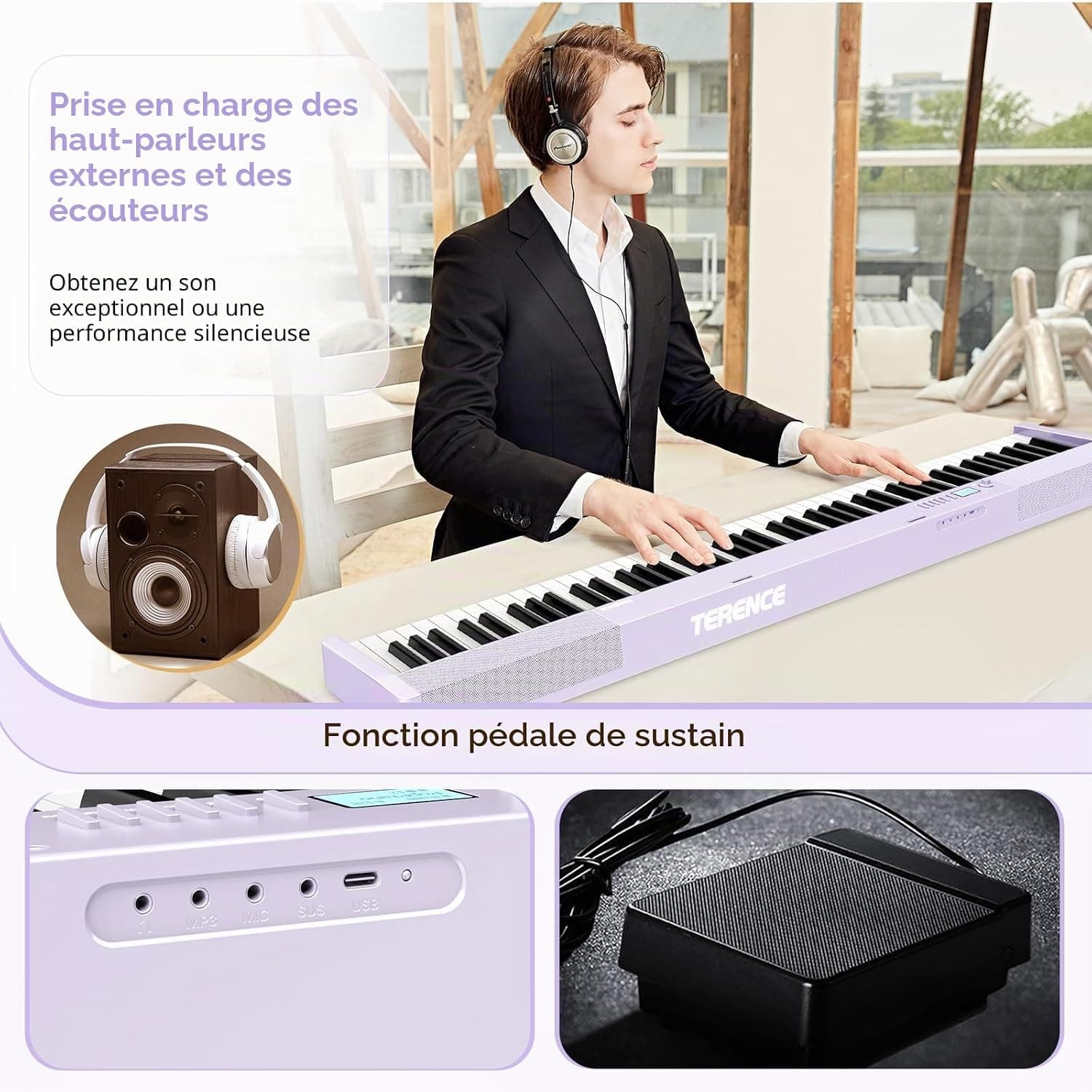 TERENCE Pliable Piano Numérique 88 touches avec Haut parleur 2x5W Batterie de 1800mAh lestées Pédale de Sustain interface MIDI avec support de partitions Bluetooth Sacs pour Piano Câble audio Violet | Keyboard Piano avec pupitre, autocollant, câble audio. Parfait pour les débutants, à la maison ou en déplacement