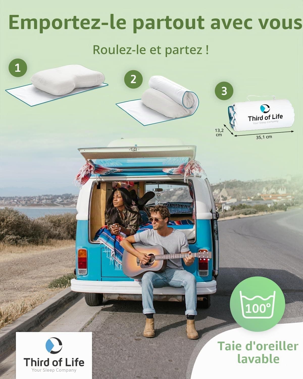 Third of Life Oreiller cervical NuMOON à l'Aloe Vera | Coussin en mousse à mémoire de forme en coin pour soulager les douleurs du cou et des épaules | Pour dormeurs sur le côté et sur le dos | Thème