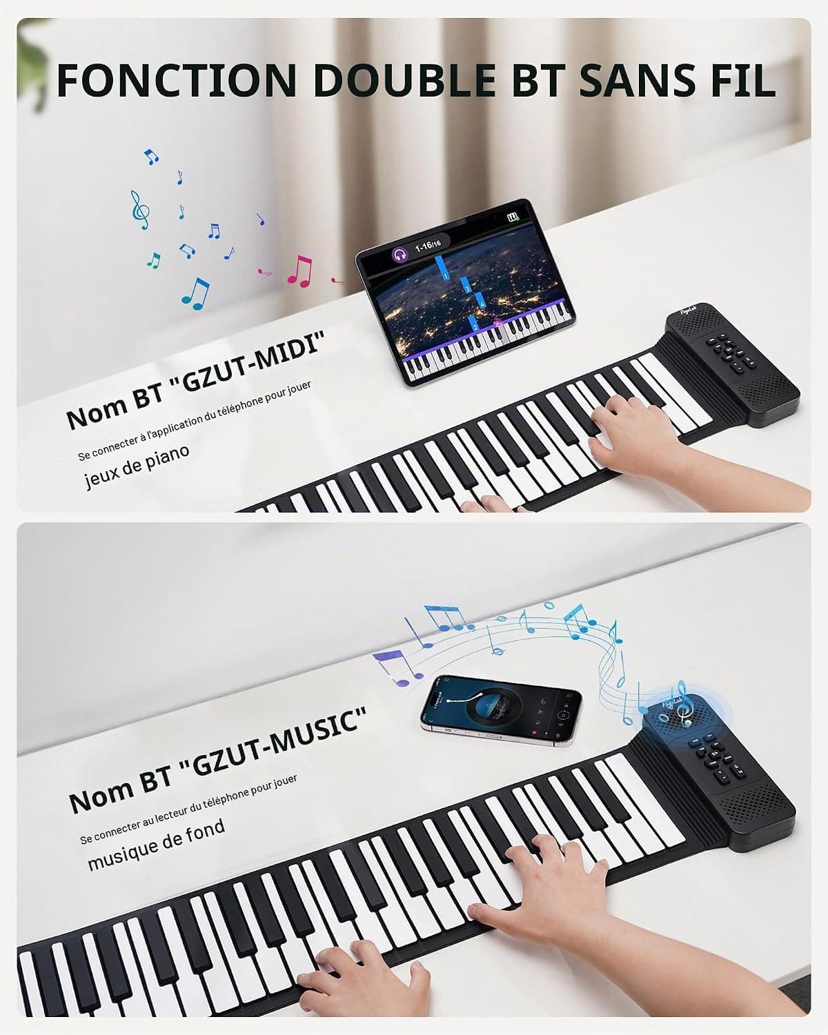 POGOLAB Clavier Piano 88 Touches Enroulable - Souple Avec 14 Démos/128 Rythmes/128 Tonalités, Pliable Portable Avec Pédale, Bluetooth, Numérique Pour Débutants