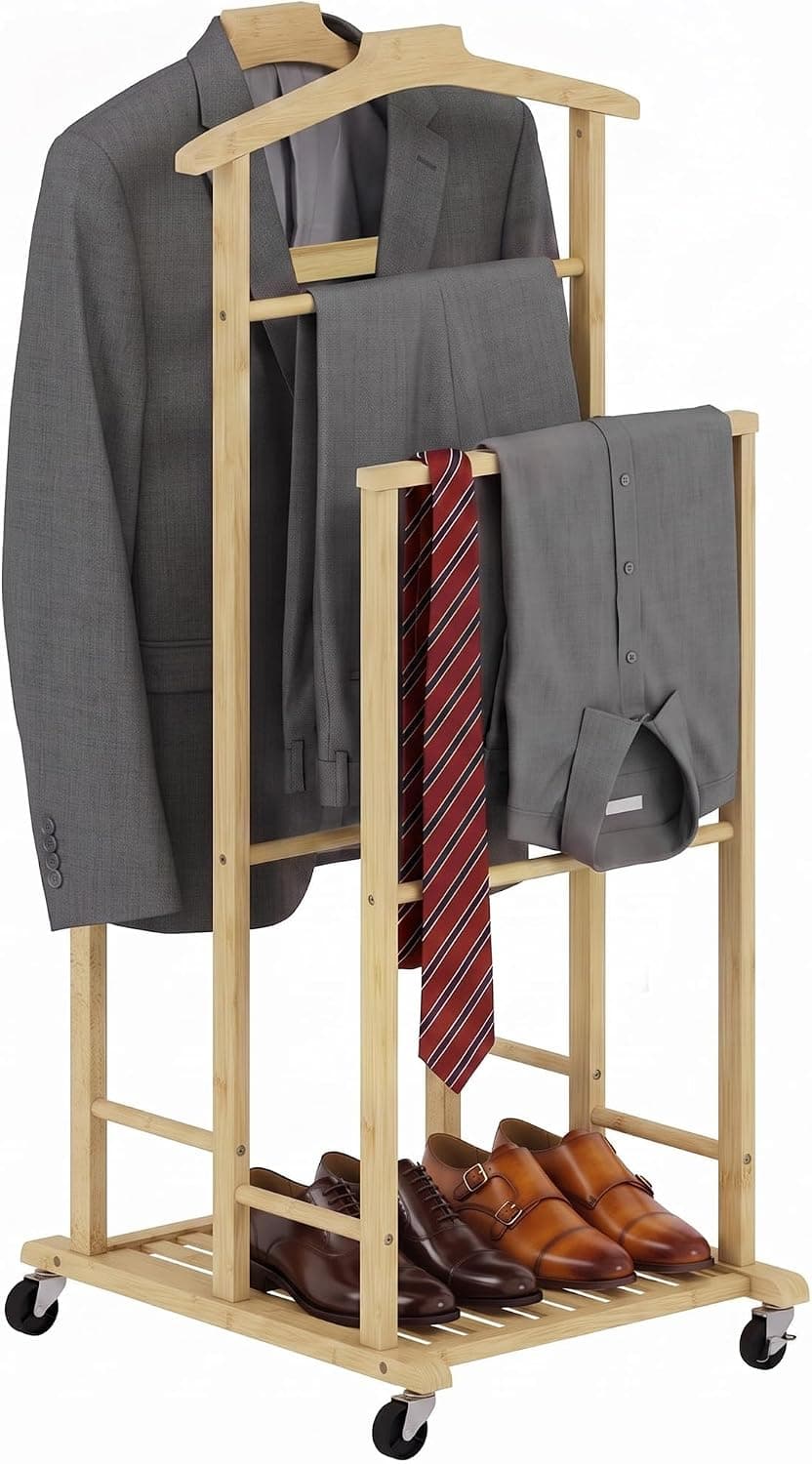 HOMCOM Valet de Chambre à Roulettes, Portant à Vêtements en Bambou, Chêne