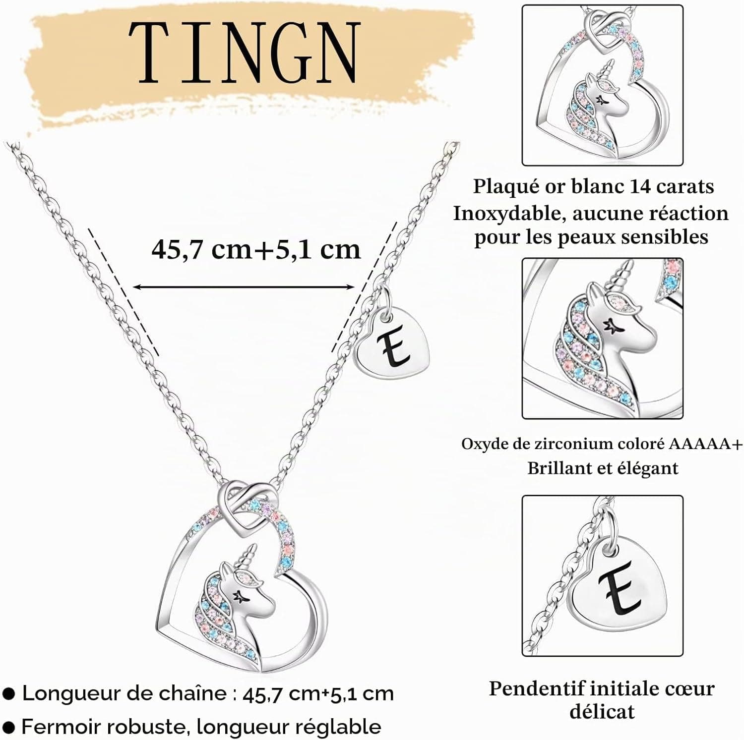 TINGN Cadeaux de Collier de Licorne pour les Fille, Plaqué Or Blanc 14 Carats Initiale Pendentif de Cœur CZ Collier de Lettre de Licorne Cadeaux en Licorne Cadeaux pour les Filles Femmes Bijoux