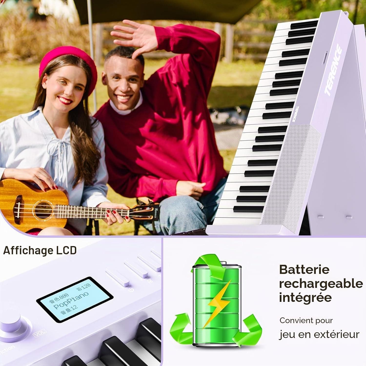 TERENCE Pliable Piano Numérique 88 touches avec Haut parleur 2x5W Batterie de 1800mAh lestées Pédale de Sustain interface MIDI avec support de partitions Bluetooth Sacs pour Piano Câble audio Violet | Keyboard Piano avec pupitre, autocollant, câble audio. Parfait pour les débutants, à la maison ou en déplacement