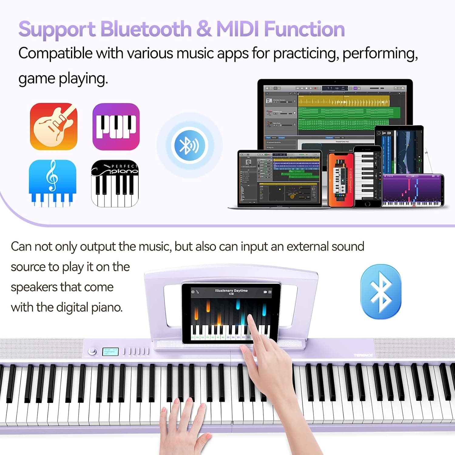 TERENCE Pliable Piano Numérique 88 touches avec Haut parleur 2x5W Batterie de 1800mAh lestées Pédale de Sustain interface MIDI avec support de partitions Bluetooth Sacs pour Piano Câble audio Violet | Keyboard Piano avec pupitre, autocollant, câble audio. Parfait pour les débutants, à la maison ou en déplacement