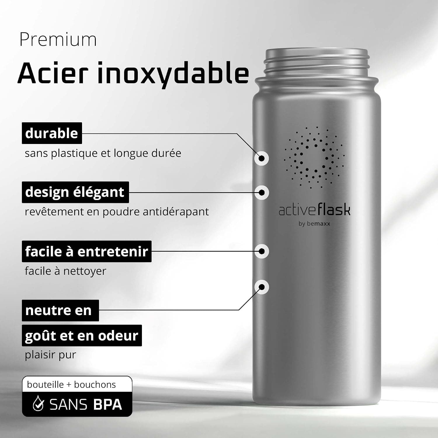 Gourde Inox Isotherme ACTIVE FLASK 1l/500ml sans BPA + Paille (3 Bouchons) | Bouteille d’eau Acier Inoxydable Isolée, Thermos Réutilisable | Camping Velo Sport Running Randonnée Enfant, Café The