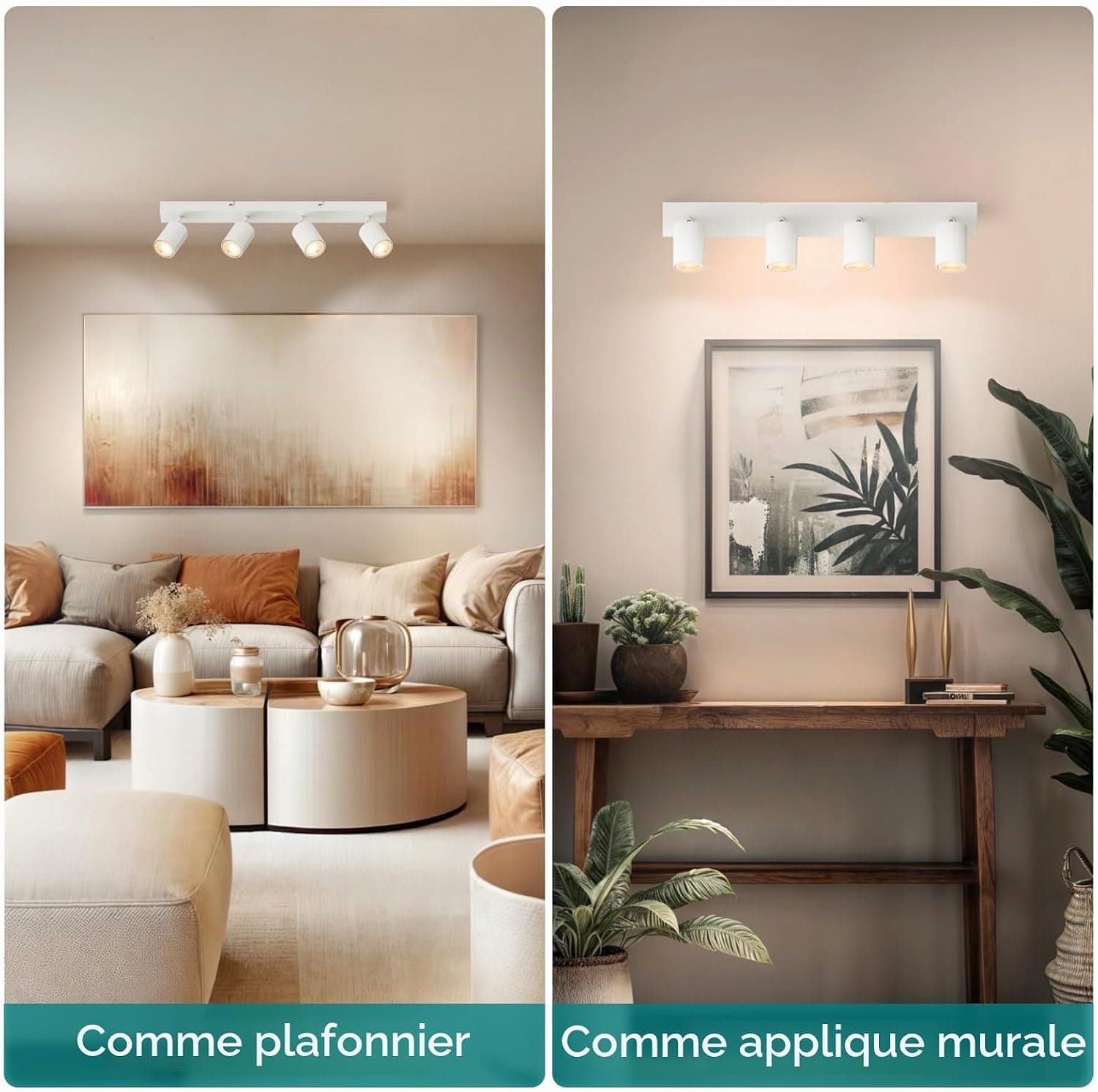 wowatt Plafonnier 4 Spots, GU10 Rampe de Spot Orientable, Lampe de Spot Plafonnier Blanc, Luminaire Spot Interieur Plafond, Éclairage LED Plafond Pivotant pour Salon, Chambre, Cuisine, Sans Ampoules